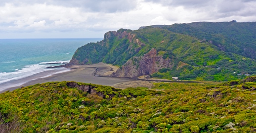 Karekare Beach, West Auckland, New Zealand Remote Coastal Beach on Cloudy Day