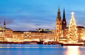 christmas hamburg, germany, city, town hall with illuminated christmas tree