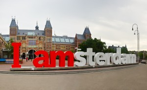 The Rijksmuseum Amsterdam museum with the words i amsterdam. June 2014