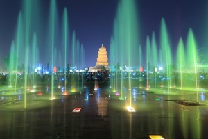 xian at night,giant wild goose pagoda with colorful fountains, China.